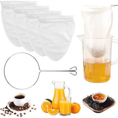 4-teiliges Nussmilchbeutel-Set, wiederverwendbare Gemüsemilchfilter, Sieb mit Edelstahlring, zum Kochen, für Käse, Suppen, Fruchtsäfte, Joghurt, Kaffee und Wein.