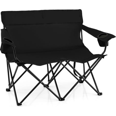 GOPLUS Chaise de Camping 2 Places, avec Dossier Confortable, Accoudoirs avec Poches Latérales, Chaise Pliable avec Sac de Rangement, Idéale pour Fête en Plein Air, Voyage, Plage (Noir) (1/5)
