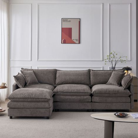 Canapé d’angle modulable en chenille premium – 3 places avec chaise longue et pouf, canapé en L confortable pour petits appartements, salon et lounge, confort respirant pour toute la famille (1/5)