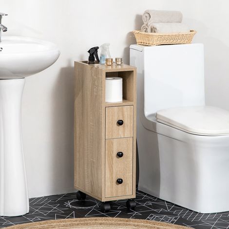 Meuble de salle de bain avec colonne. Meuble de salle de bain à 4 roulettes. 1 tiroir, 1 placard avec porte et 2 espaces de rangement ouverts. Couleur chêne. 18 x 30 x 68,5 cm
