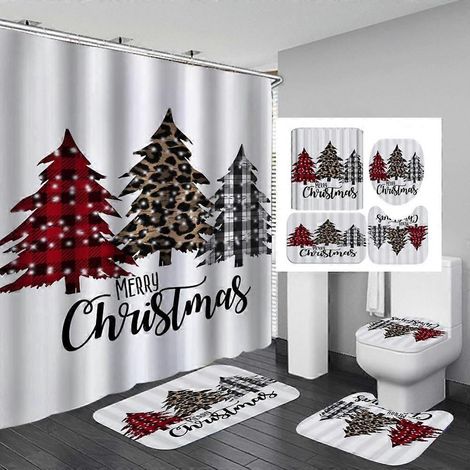 Ensemble de douche 4 pièces Joyeux Noël avec rideau, tapis antidérapant, tapis de bain, couvre-toilette et 12 crochets, motif sapin de Noël, boules et flocons de neige rouges (1/4)