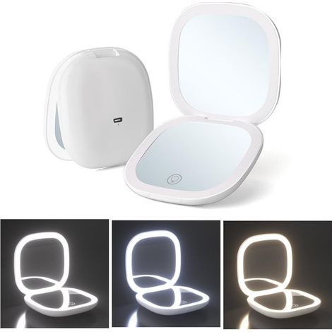 Miroir de maquillage lumineux grossissant x10, à intensité variable, double face, portable, blanc (1/5)