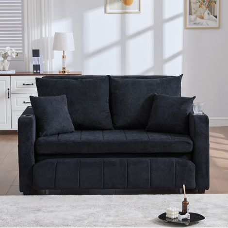 Divano letto 139x83x58 cm nero in ciniglia con tasche laterali, USB e portabicchieri (1/5)