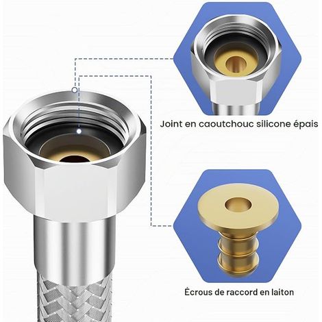 Tuyau flexible 1/2" Femelle x 1/2" Femelle Raccord des deux côtés - Tuyau EPDM acier inox, Flexible sanitaire robinet, robinet d'angle, lavabo, cuisine, salle de bain, WC - 30CM (1/3)