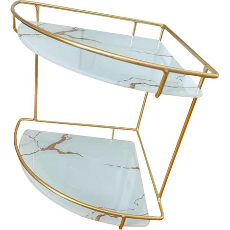 Étagère d'angle à Double Couche en Fer et Verre Effet Marbre Blanc, Support de Rangement pour Salle de Bain et Cosmétiques, Organiseur Pratique pour Bureau et Salle de Bain, (1/5)