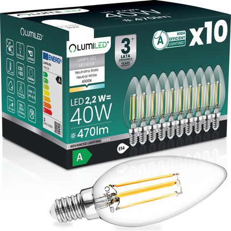 10x LED-Lampe E14 Kerze B35 2,2 W 470 lm = 40 W 4000 K Neutralleiter 360° Glühfaden Klasse A LUMILED