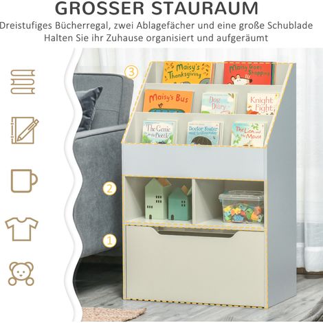 Bibliothèque enfant avec tiroir, meuble de rangement compartimenté 60 x 29,9 x 90 cm, grise (1/4)
