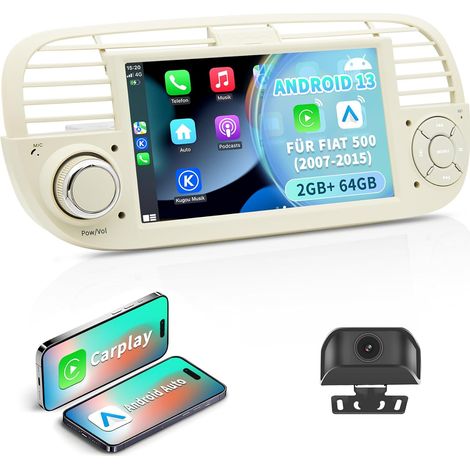 Autoradio Android 13 pour 500 (2007–2015) Écran Tactile 7 Pouces avec caméra de recul HD étanche CarPlay sans Fil et Android Auto GPS 2 GB + 64 GB, Commande de Direction Bluetooth, Blanc (1/5)