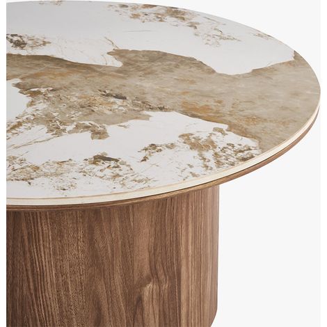 EVORA Table basse ronde en pierre frittée blanc pieds couleur bois clair D80 cm (1/5)