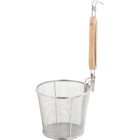 Colador de alambre de acero inoxidable，cesta coladora de alimentos con mango de madera，colador de emergencia para espaguetis，14 cm (1/3)