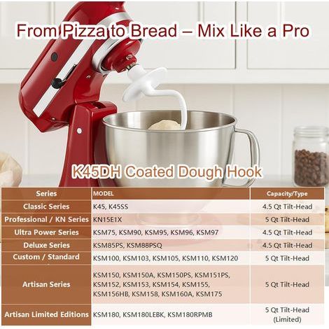 K45DH Remplacement du crochet pétrisseur Compatible avec Kitchen-Aid K45 K45SS KSM90 4.5 QT mélangeurs sur socle à tête inclinable, accessoire de crochet à pain (1/4)