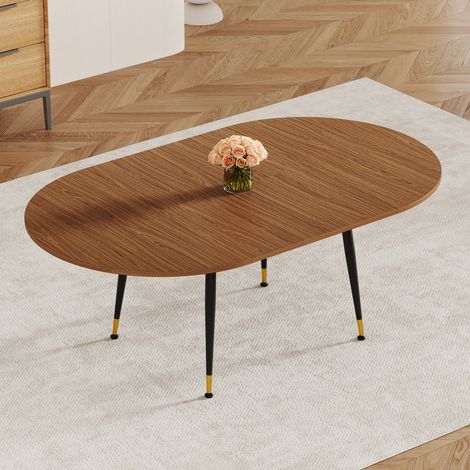 Table à manger ovale extensible effet bois noyer, table de cuisine moderne à rallonge avec plateau MDF et piètement en acier résistant, convient pour 6 à 10 convives. (1/5)