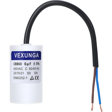 CBB60 AC Condensateur 6uF 450V Condensateurs de Démarrage Moteur Volet Roulant 6MFD 450VAC SH 35x68MM 50/60Hz Avec Fil pour Pompe Piscine (1/5)