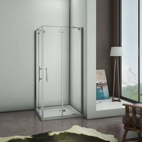195 cm Box Doccia Angolare Doppie Porte Battenti Vetro 6 mm Temperato Anticalcare Trasparente Telaio Cromo Lucido Misura 90x90 cm Piatto Doccia 90x90 cm (1/5)