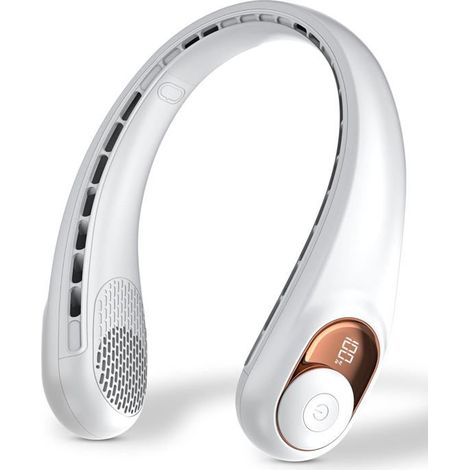 Ventilateur de cou personnel avec écran LED,chargement USB-C,batterie 3600 mAh,parfait pour la maison,les voyages,blanc (1/5)