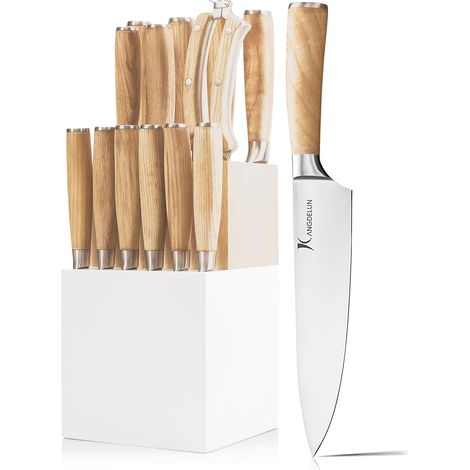 Set of 14 Kitchen Knives, 50Cr15MoV High Carbon Stainless Steel Blades, Heat Treated Natural Wood Handles, White Wooden Knife Block Space Saving (1/5)