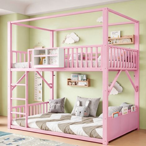 Lit superposé métallique 90 x 200 cm pour enfants et adolescents, cadre de lit individuel gain de place avec structure de toit, lit superposé moderne pour enfants Rose (1/5)