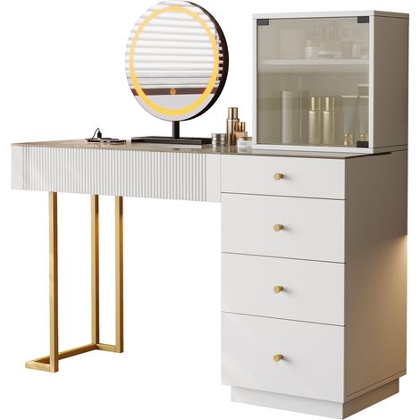 Coiffeuse avec miroir LED tricolore, plateau en verre trempé, 5 tiroirs et 1 placard, blanc moderne, style élégant  CHICFURN (1/5)