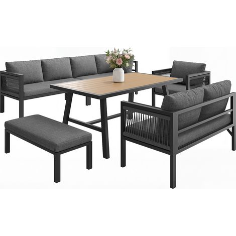 Gartenlounge-Set mit 1 Ecksofa, 1 Sessel, 1 Hocker und 1 Tisch, Metall und Holzverbundwerkstoff, Grau (1/5)