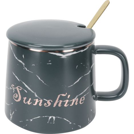 Keramikbecher mit Marmormuster, inklusive Löffel und Deckel, ideal für Zuhause, Büro, Reisen und Outdoor-Aktivitäten, grün