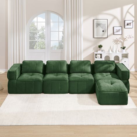 Sofá modular en forma de L sin marco para 4 personas con otomana, relleno de espuma de alta densidad 32D, cojín de asiento profundo, tejido suave y cómodo, ideal para el salón, color verde. (1/5)