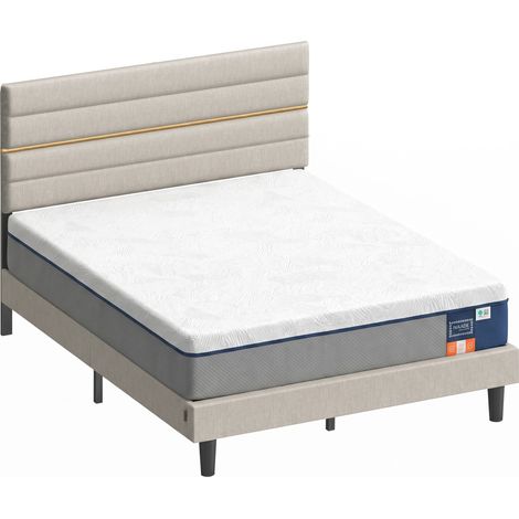 Lit Rembourré avec Sommier et Matelas Ensemble, 160 x 200 cm, Mousse à Mémoire de Forme, 7 Zones, Beige (1/5)
