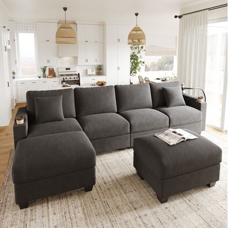 Divano angolare modulare a U 275,5x139x87 cm in velluto a coste grigio, USB - MEUBLIV (1/5)