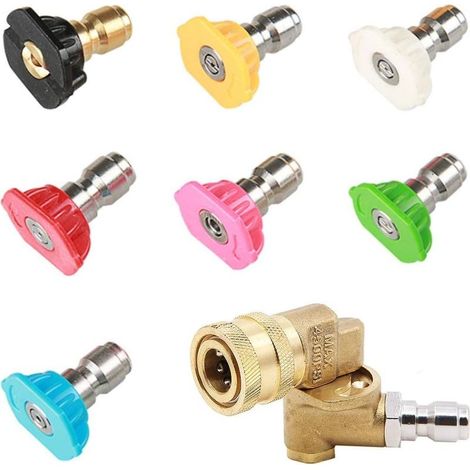 Lot de 7 buses de pulvérisation à dégagement rapide pour nettoyeur haute pression avec coupleur pivotant à connexion rapide, prise de 4500 PSI 0,6 cm, rotation à 90 degrés (1/5)
