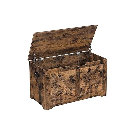 Vasagle – Banc de rangement 40 x 80 x 46 cm – Imitation grange marron rustique – 2 charnières de sécurité – Capacité 136 kg pour couloir, chambre, salon