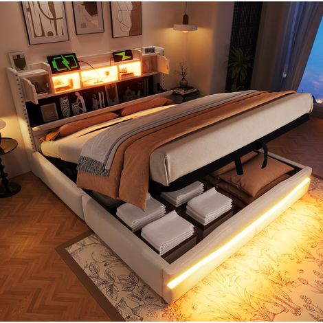 Cama tapizada con almacenaje LED y USB beige OKMYHOME (1/5)