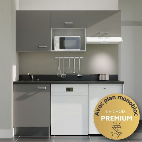 Cuisibane – Kitchenette 180 cm avec évier à gauche – Emplacements pour frigo, lave-vaisselle, micro-ondes et hotte – PlaniQuartz durable – Couleur gris-néro