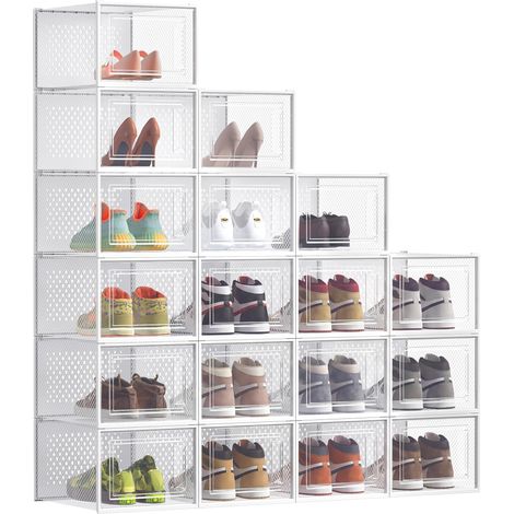 Boîtes à Chaussures, Rangement Chaussures en Plastique, Pliables et Empilables, pour Pointure Jusqu'à 47, Lot de 18, Transparent et Blanc Nuage (1/5)