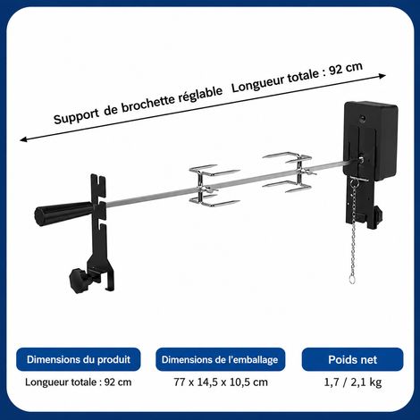 Tournebroche barbecue support de rôtisserie rotatif électrique automatique sans piles fournies 81 × 11,5 × 5 cm 4 kg – Livraison gratuite