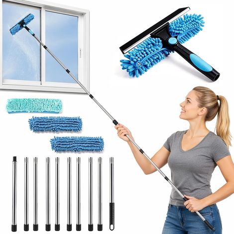 Nettoyeur Vitres Télescopique 390 Cm, Raclette Vitre 2 en 1 avec Manche Extensible, Raclette Vitre Telescopique, Kit Nettoyage Fenêtre pour Vitres Hautes, Douche, Verre, Miroir, Voiture (1/5)