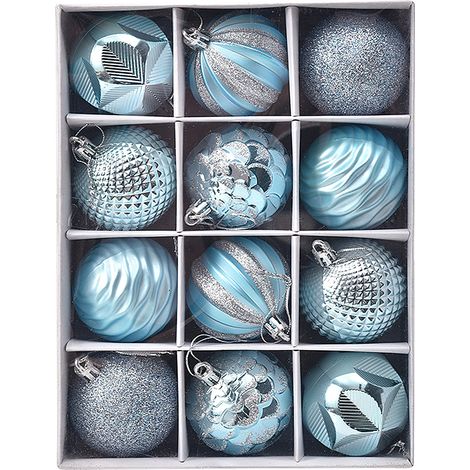 Boules de Noël bleues 6 cm, lot de 12 boules de Noël en plastique, décorations de Noël à suspendre, décorations de fête (1/5)