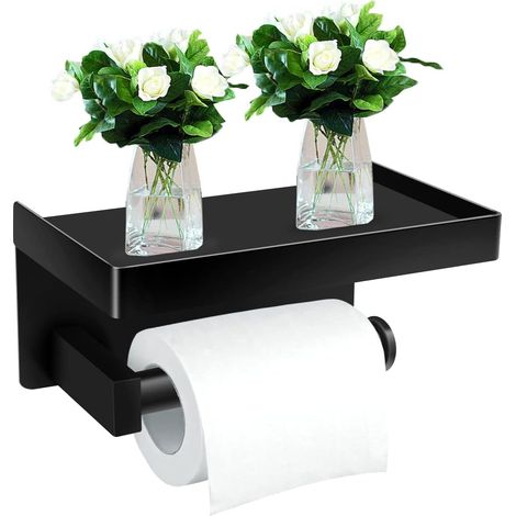 Porte Papier Toilette, Support Porte Rouleau Papier Toilette Mural sans Perçage, Derouleur Papier Toilette WC avec Etagère, en Acier Inoxydable SUS304, pour Cuisine et Salle de Bain, Noir (1/4)