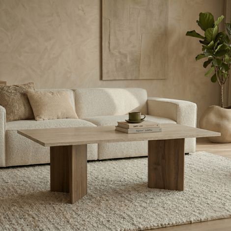 Rechteckiger Couchtisch aus Walnuss-Melamin mit Travertinplatte