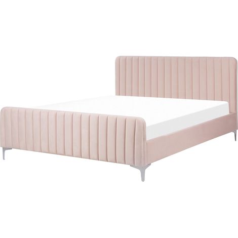 Letto matrimoniale in velluto UE con testiera imbottita 160 x 200 cm Gambe in metallo Base a doghe Rosa pastello Lunan