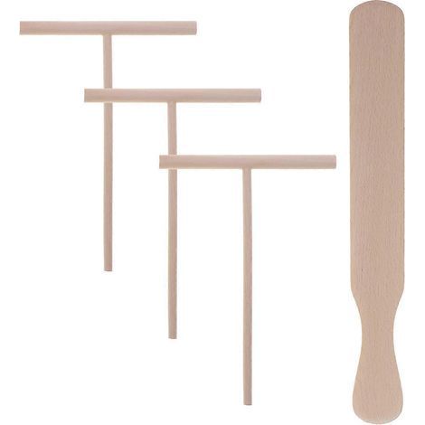 Set aus 4 Pfannkuchen-Küchenutensilien: Holzspatel und Tortillaheber (1 Buchenholzspatel + 3 T-förmige Holzspatel). (1/4)