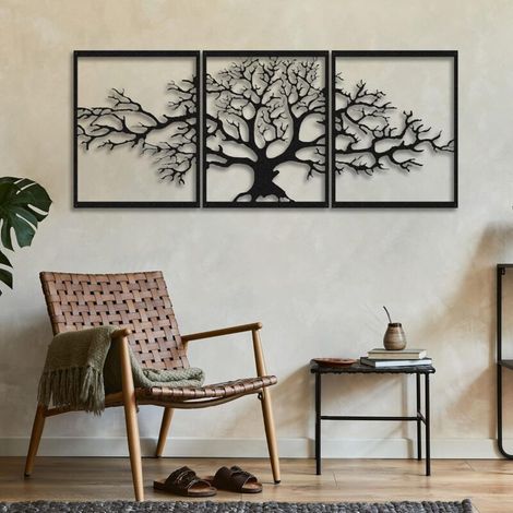 Décoration murale en métal arbre de vie 120 x 60 cm – Finition noire élégante – Accrochage facile avec cintre caché
