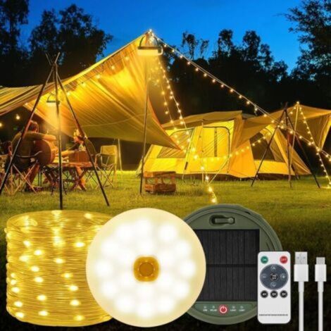 22M Guirlande Lumineuse Escamotable, Solaire et Chargement USB LED Guirlande Camping avec 8 Modes D'éclairage, Télécommande, Étanche Extérieur Lampe Camping pour Tente, Jardin, Fête Trekking (1/5)
