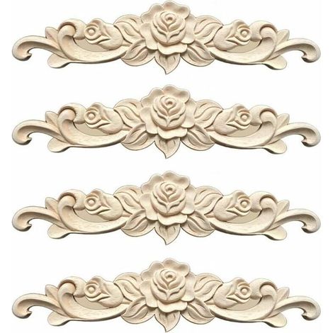 royaluxe -Moulure Decorative Bois 4 Pièces Sculpture Bois Moulure Rosace Decorative pour Décoration Meuble de Cuisine Meubles,30 7cm (1/4)