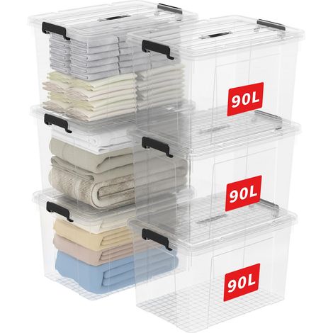 90L6 Boîte de Rangement, Bac de rangement avec Poignée, Plastique Organisateur avec Couvercle, Empilable, Transportable, pour Vêtements, Bureau, Chambre, Dortoirs, Transparent, 90L - Lot de 6 (1/5)