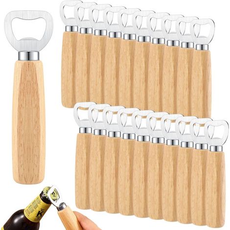 Coffret de 20 ouvre-bouteilles Irovami en acier inoxydable avec manche en bois et gravure, 14,3 x 4 cm, idéal pour un cadeau de mariage. (1/5)
