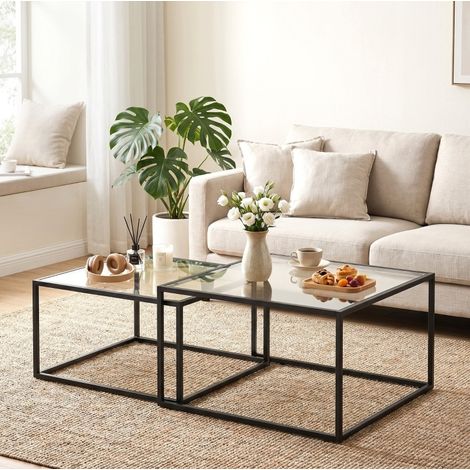 Table basse gigogne 75x75x42 cm en verre trempé et métal noir, gain de place pour salon FloraGrace (1/5)