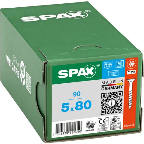 SPAX Vis en acier inoxydable, 5 x 80 mm, 90 pièces, Filetage partiel, Tête fraisée, T-STAR plus T20, 4CUT, Acier inoxydable A2 - 8000000288050