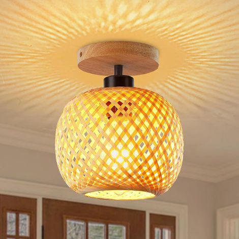 Plafonnier semi-encastré en bambou de taille mini de style bohème fait à la main, abat-jour en bois de rotin, luminaires de ferme pour chambre à coucher, chambre d'enfant, corridor, passage