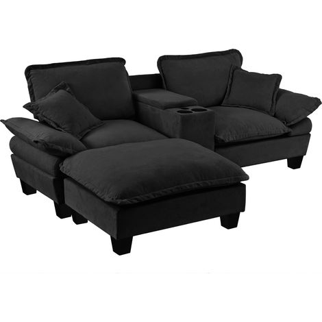 ELVMI Sofá Esquinero Modular USB con Almacenaje y Portavasos, en Chenilla Negro 224 x 151 x 90 cm (1/5)