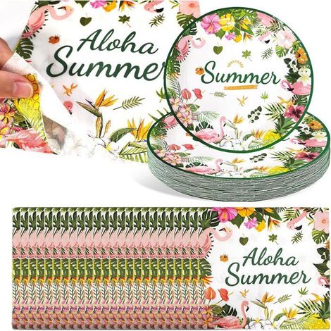 48 pièces vaisselle jetable, assiettes et serviettes en papier biodégradable, motif flamant rose et feuillages tropicaux, idéal pour fêtes estivales et anniversaires