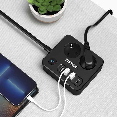 Multiprise plate ultra‑compacte de voyage, prises AC EU + ports‑USB sortie totale 5V/2,4A, boîtier ignifugé, puissance max 2500W, maison dortoir bureau déplacements (1/5)
